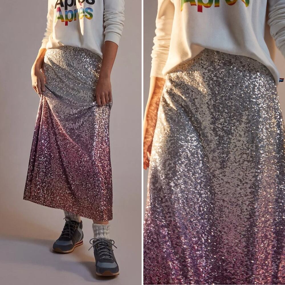 Anthropologie Leticia Sequin Ombre Maxi Skirt Purple Silver Size 2